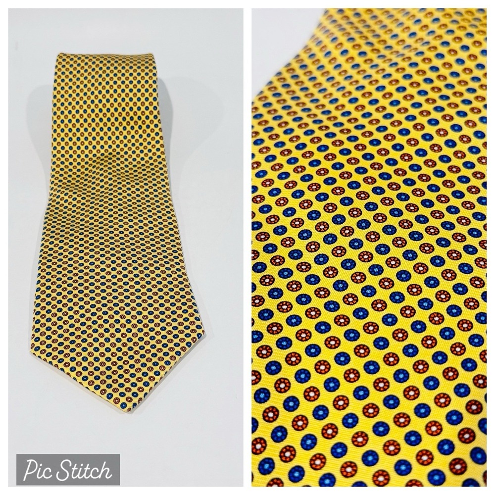 Brooks Brothers Makers Pure Silk Tie Yellow Blue‎ Red Geometric Medallion Print
